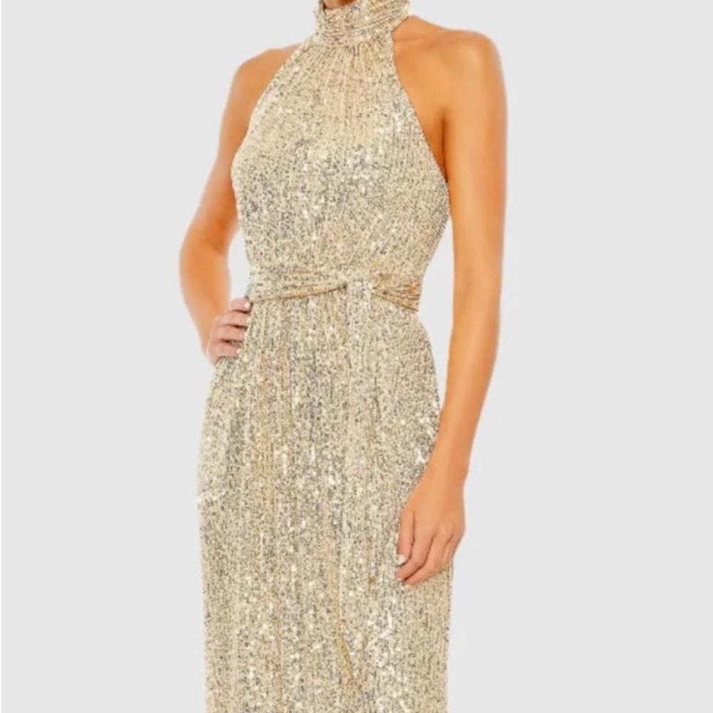 Mac Duggal Gold Sequin Halter Gown - Picture 2 of 3